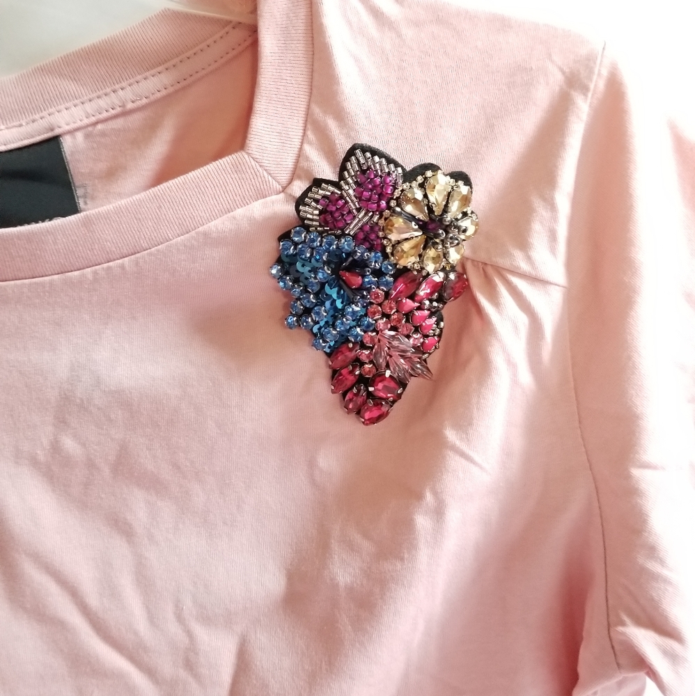 Pinko Crew Neckline Short Sleeve Beaded Brooch Pink Cotton Top Size S Sm… - Picture 5 of 8